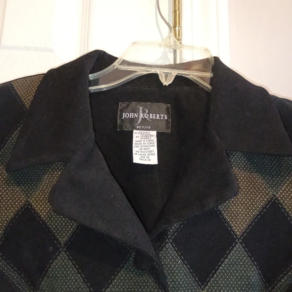 JOHN ROBERTS Petite 8P Vintage Argyle‎ Blazer Jacket Black Green Shoulder Pads - Picture 8 of 13